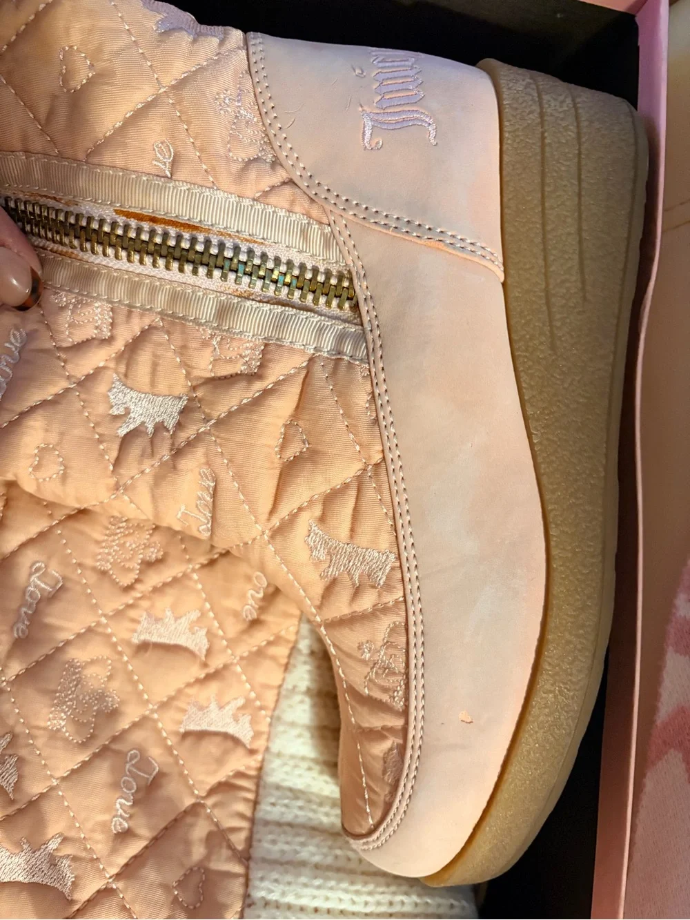 Juicy Couture Pink Quilted Wedge Boots with Cream Knit Cuff